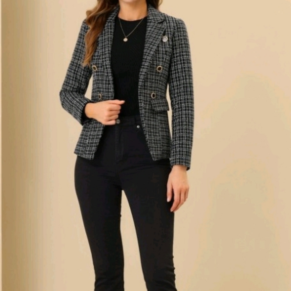 Plaid Tweed Blazer Allegra K